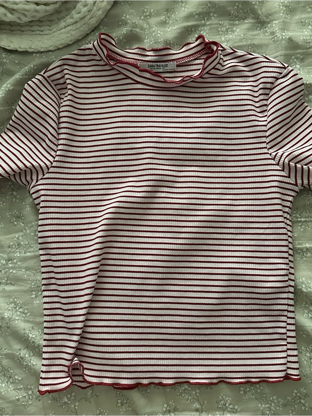 Zara Red and White Ribbed Stripe Short Sleeve Tee